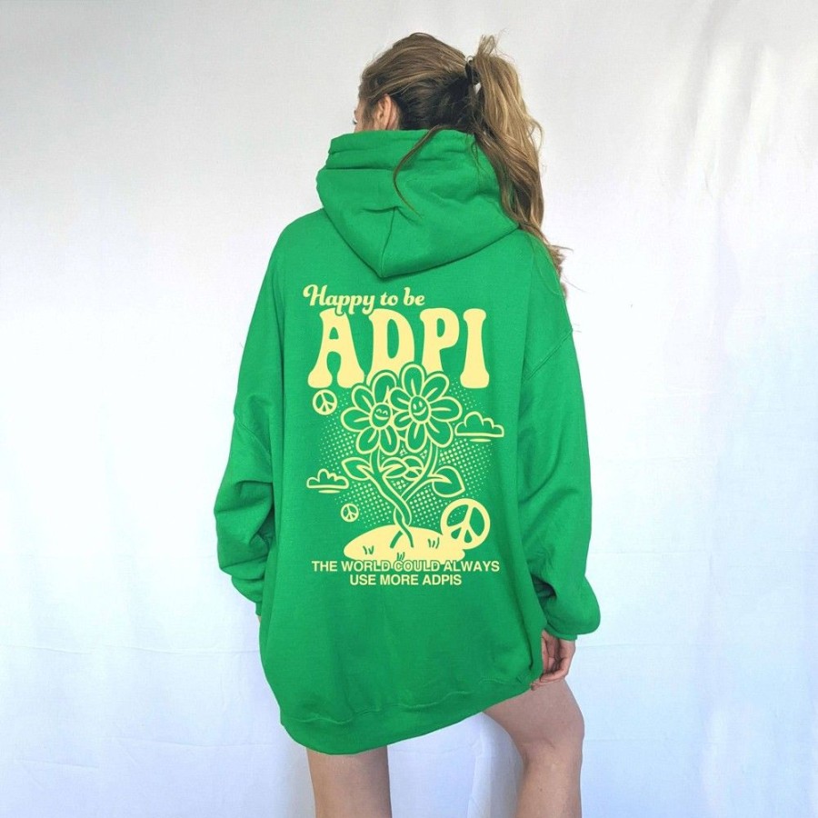 Women'S Favoshape | Women'S Preppy Happy To Be Adpi Sorority Hooded Sweatshirt Green