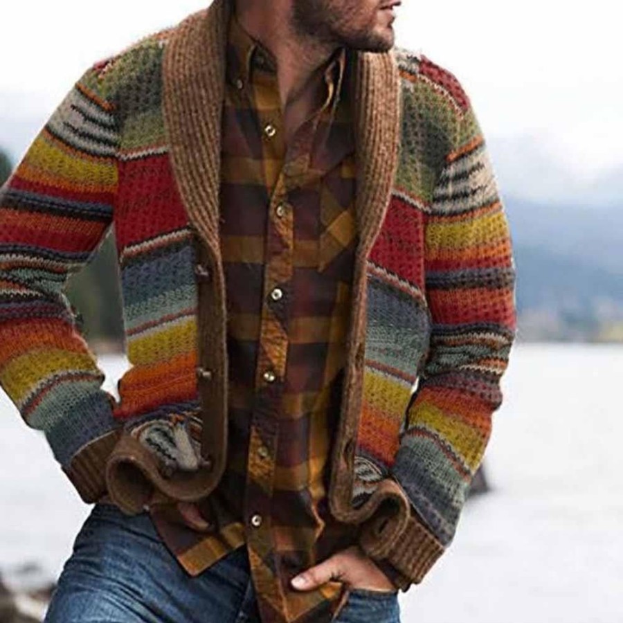 Men'S Favoshape | Men'S Western Patchwork Wool-Blend Cardigan Brown