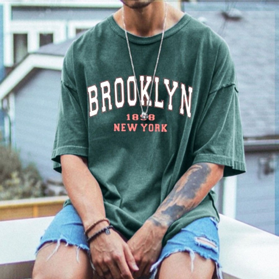 Men'S Favoshape | Men'S Casual Brooklyn 1898 New York Print T-Shirt Green