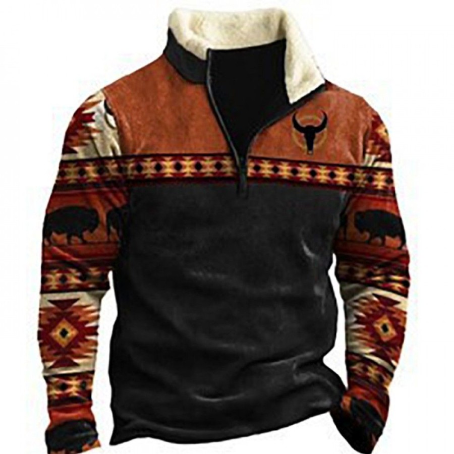 Men'S Favoshape | Men'S Ethnic Style Stand Collar Distressed Sweatshirt Black