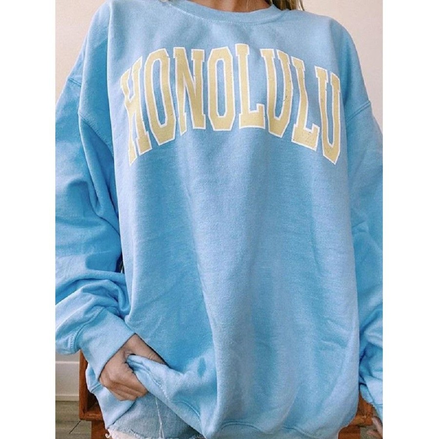 Women'S Favoshape | Women'S Chic Honolulu Crewneck Cozy Sweatshirt Blue