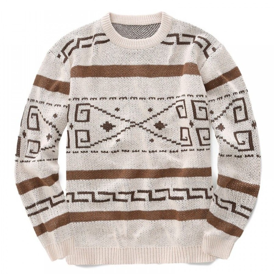 Men'S Favoshape | Men'S Round Neck Aztec Pattern Knit Cowichan Sweater Apricot