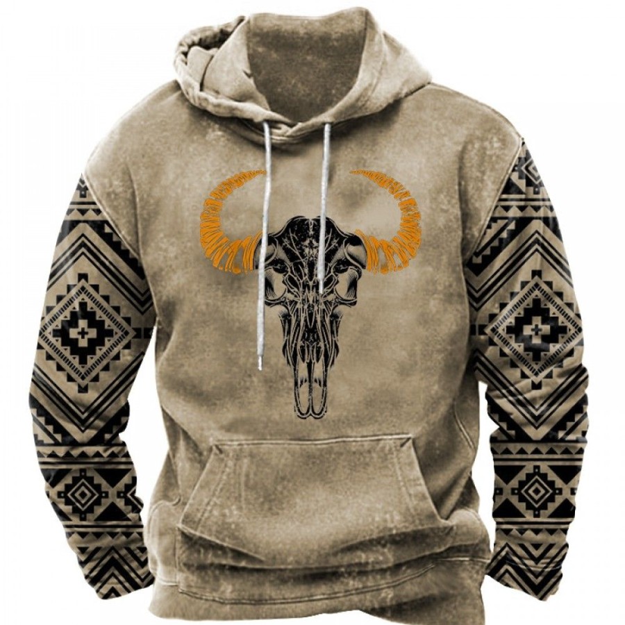 Men'S Favoshape | Men'S Western Aztec Bull Drawstring Pullover Hoodie