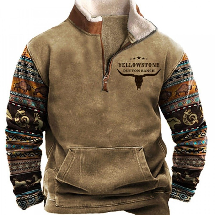 Men'S Favoshape | Men'S Yellowstone Bull Print Stand Collar Sweatshirt