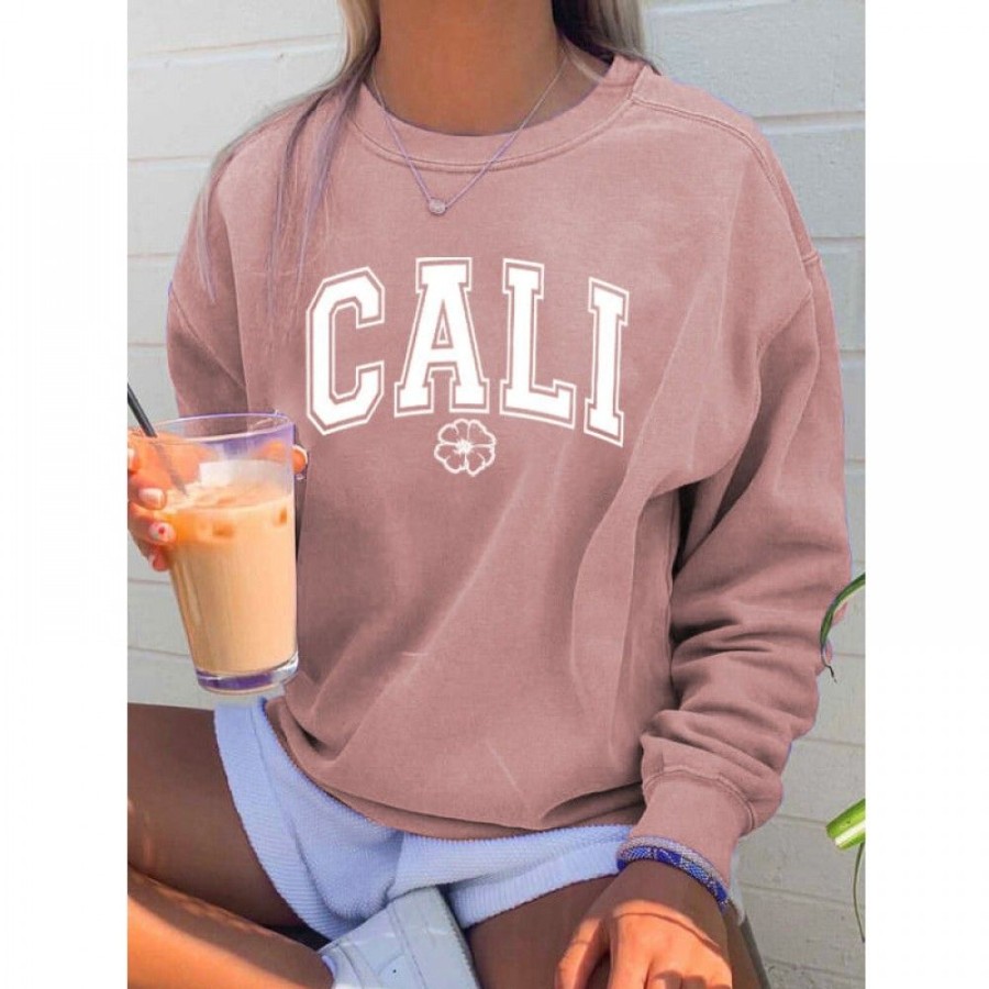 Women'S Favoshape | Women'S Cali Printed Crewneck Sweatshirt Pink