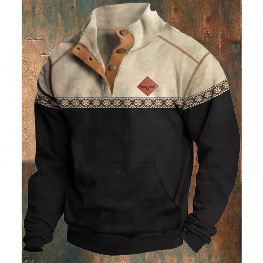 Men'S Favoshape | Men'S Western Cowboy Button-Top Bull Head Sweatshirt