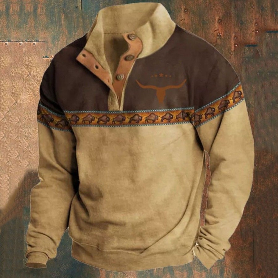 Men'S Favoshape | Men'S Western Cowboy Button-Top Bull Head Sweatshirt