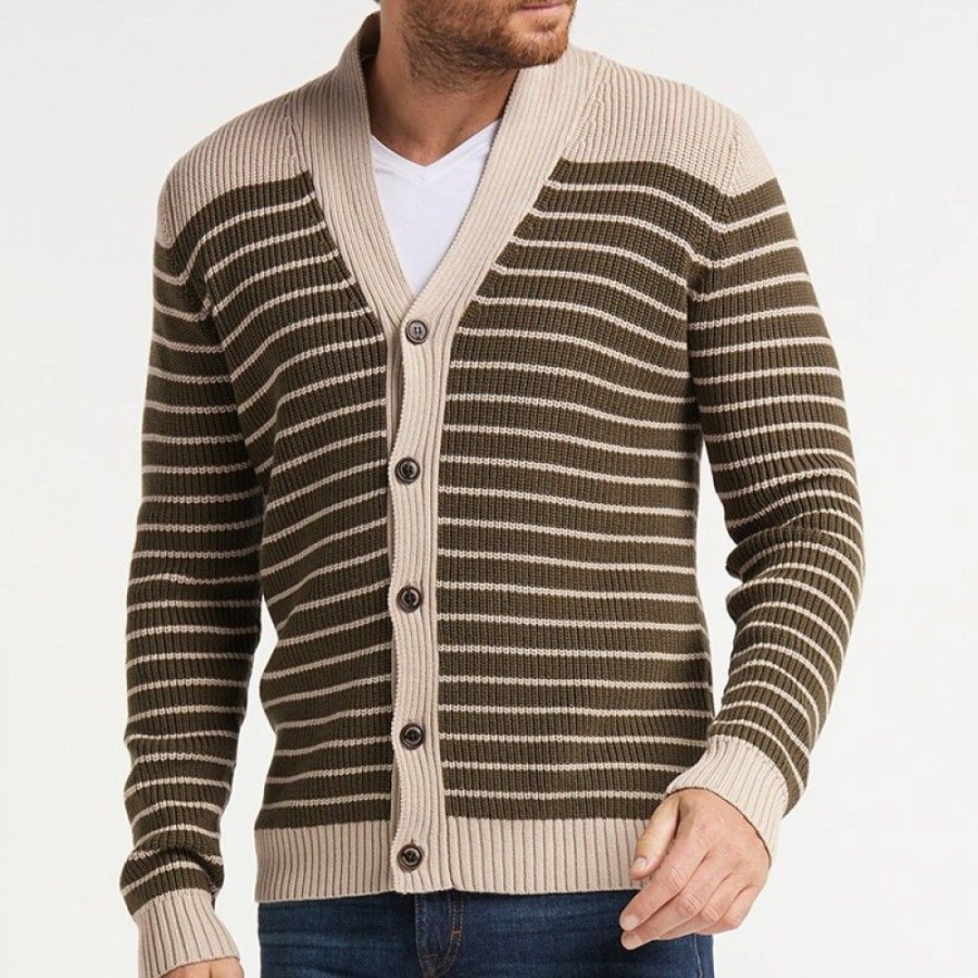 Men'S Favoshape | Men'S Western V-Neck Button Up Striped Chunky Cardigan Khaki