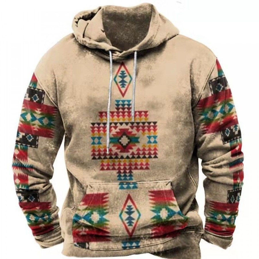 Men'S Favoshape | Men'S Ethnic Aztec Print Retro Hoodie Khaki