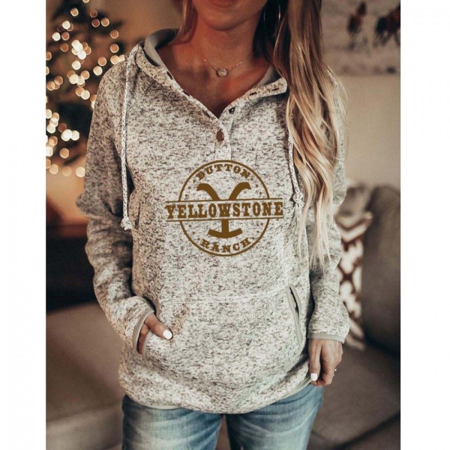 Women'S Favoshape | Women'S Retro Yellowstone Dutton Ranch Button-Up Hoodie Grey