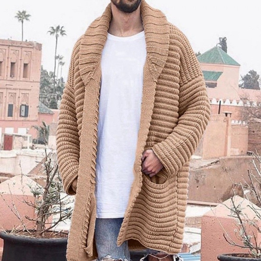 Men'S Favoshape | Men'S Retro Open Front Cable Knitted Shawl Collar Long Cardigan Khaki