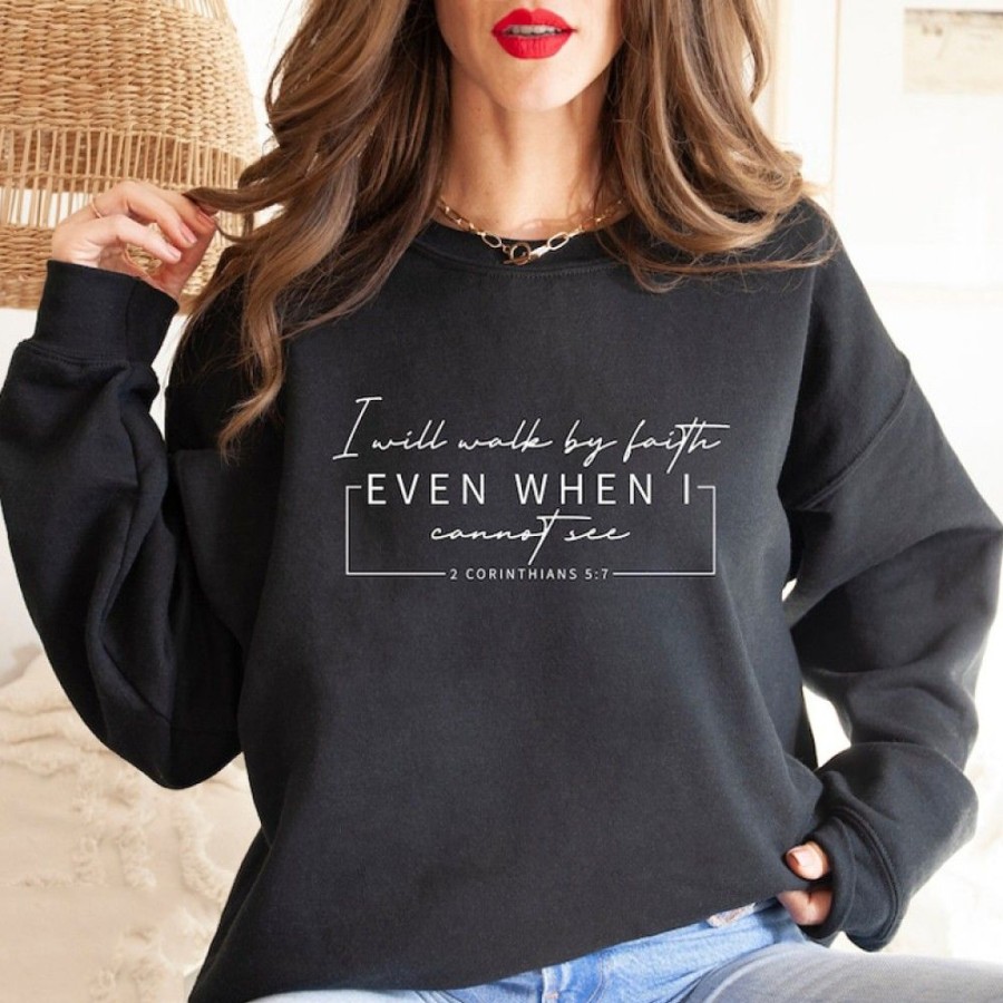 Women'S Favoshape | Women'S Inspirational I Will Walk By Faith Bible Verse Crewneck Sweatshirt