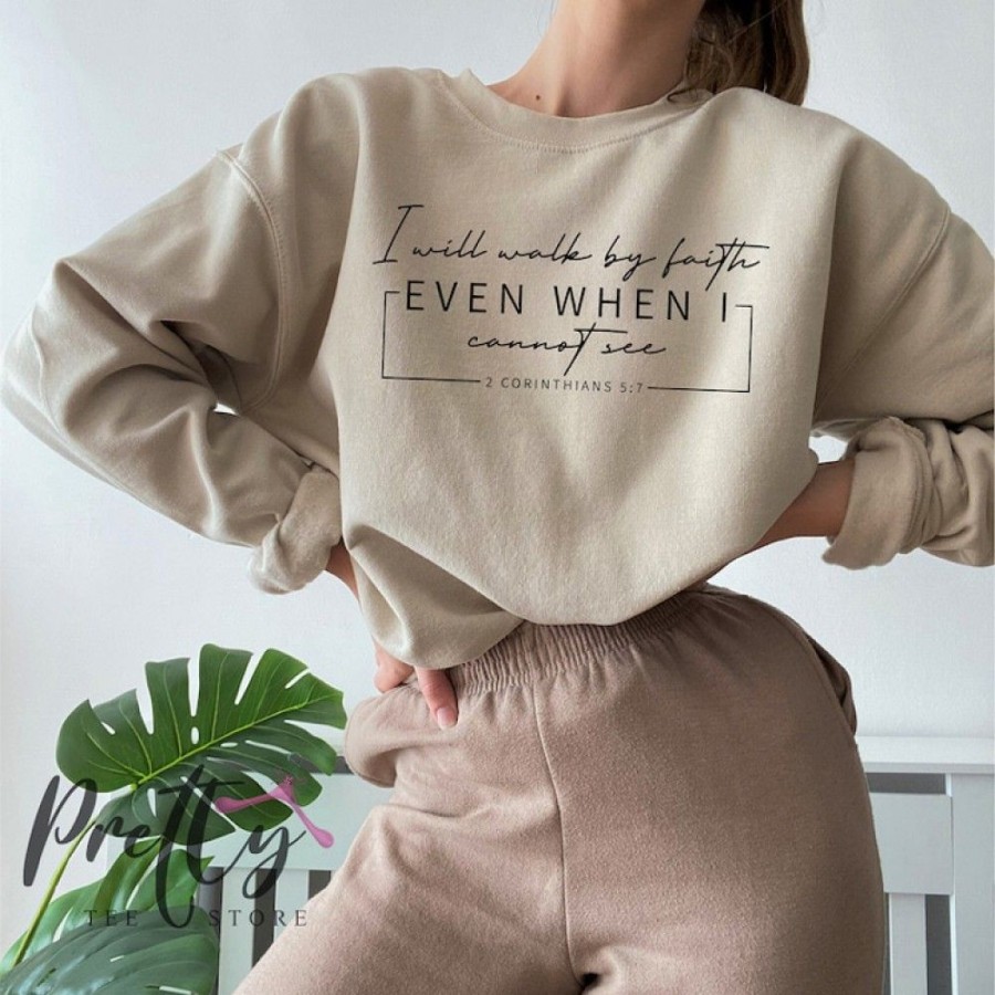 Women'S Favoshape | Women'S Inspirational I Will Walk By Faith Bible Verse Crewneck Sweatshirt