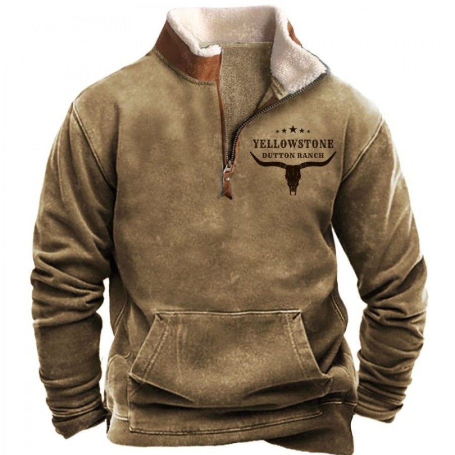 Men'S Favoshape | Men'S Solid Color Yellowstone Dutton Ranch Zip Collar Sweatshirt