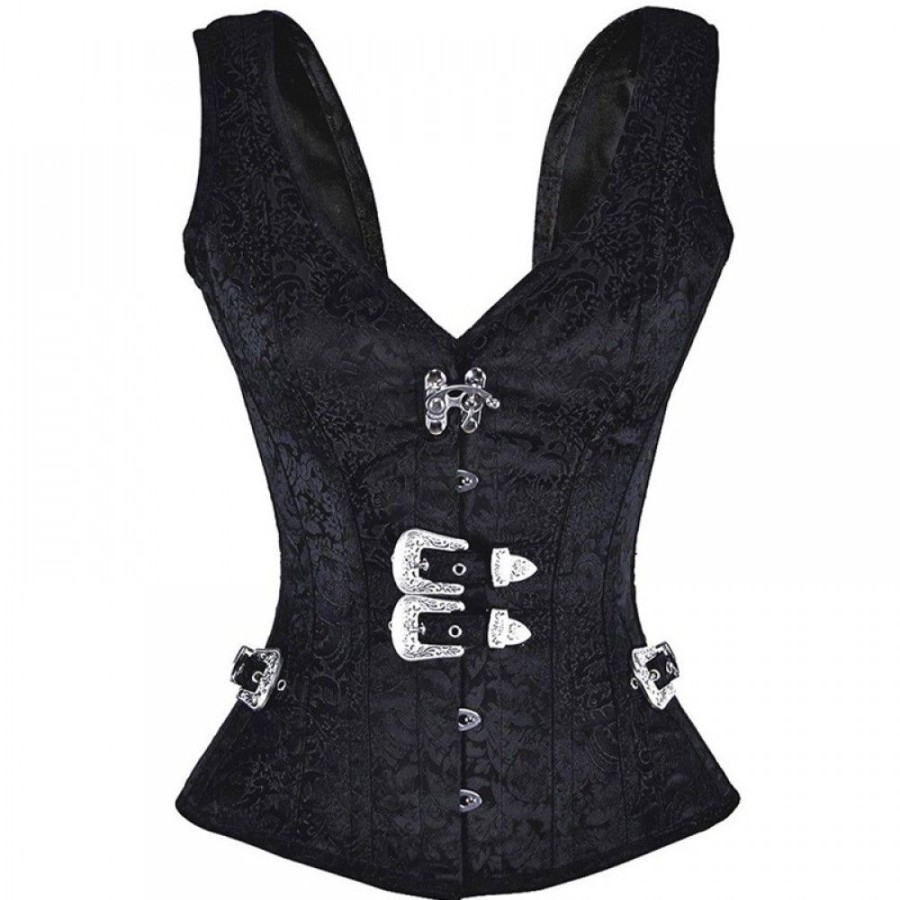 Corsets Favoshape | Vintage Steampunk Bustier Vest Silver Buckle Double Shoulder Strap Waist Trainer Black