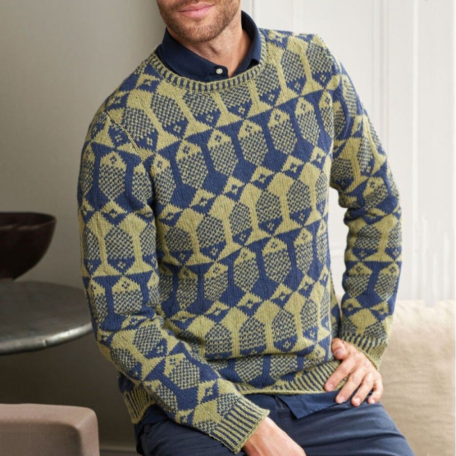 Men'S Favoshape | Men'S Vintage Shoal Pattern Round Neck Knit Pullover Sweater Light Yellow