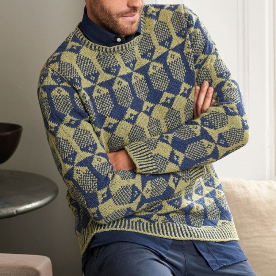 Men'S Favoshape | Men'S Vintage Shoal Pattern Round Neck Knit Pullover Sweater Light Yellow