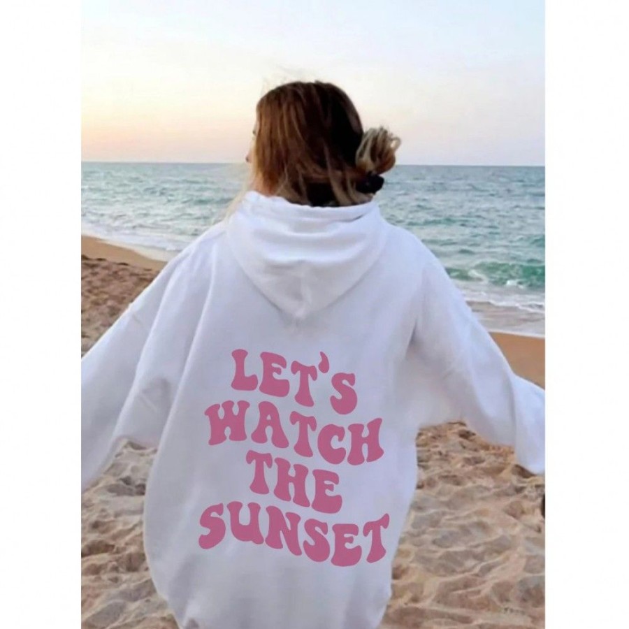 Women'S Favoshape | Women'S Preppy Let'S Watch The Sunset Oversized Hoodie White