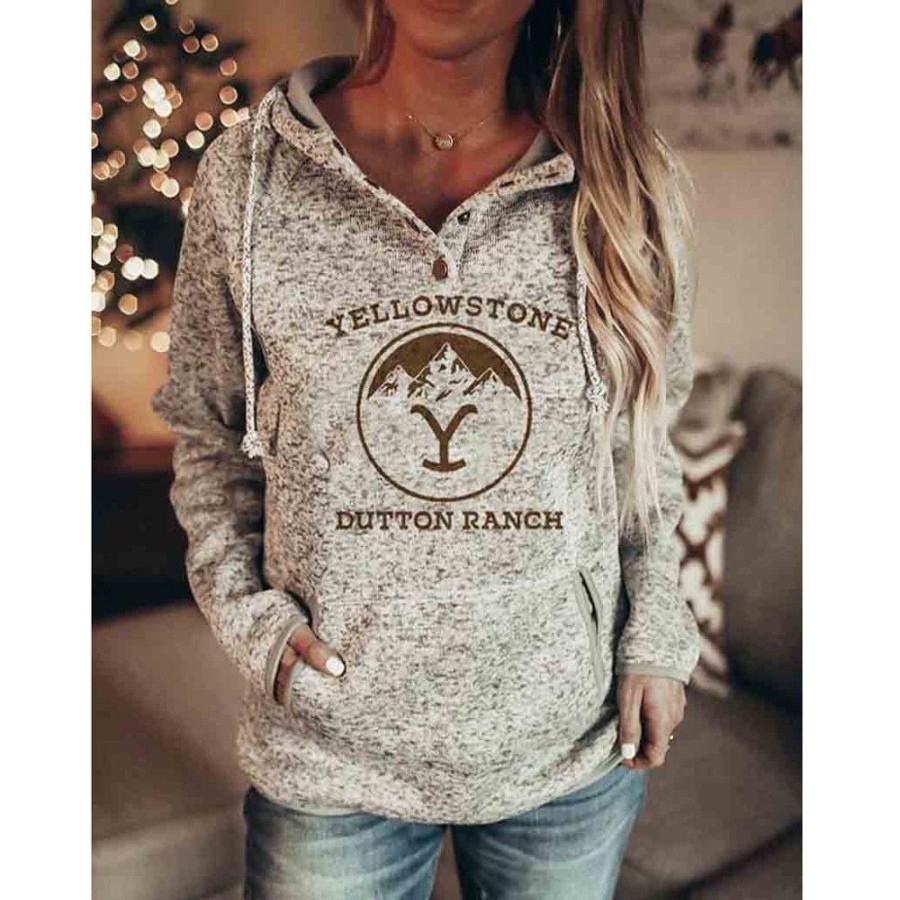 Women'S Favoshape | Women'S Yellowstone Dutton Ranch Printed Drawstring Hoodie Grey