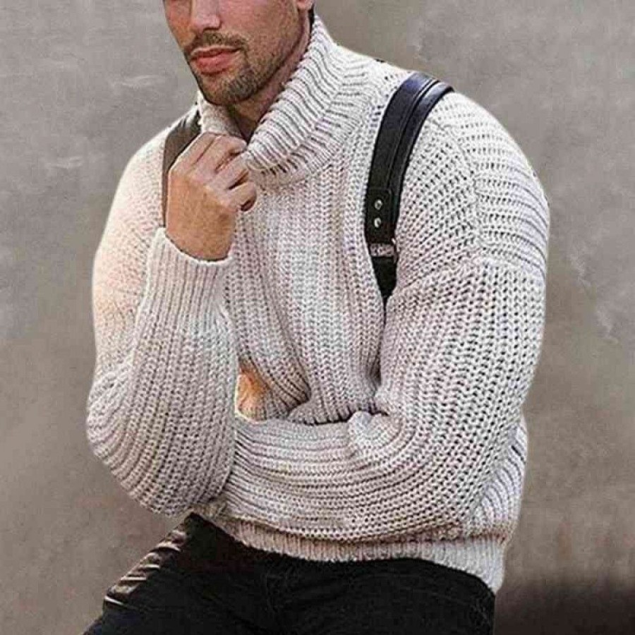 Men'S Favoshape | Men'S Vintage Turtleneck Solid Cable Knitted Pullover Sweater Beige