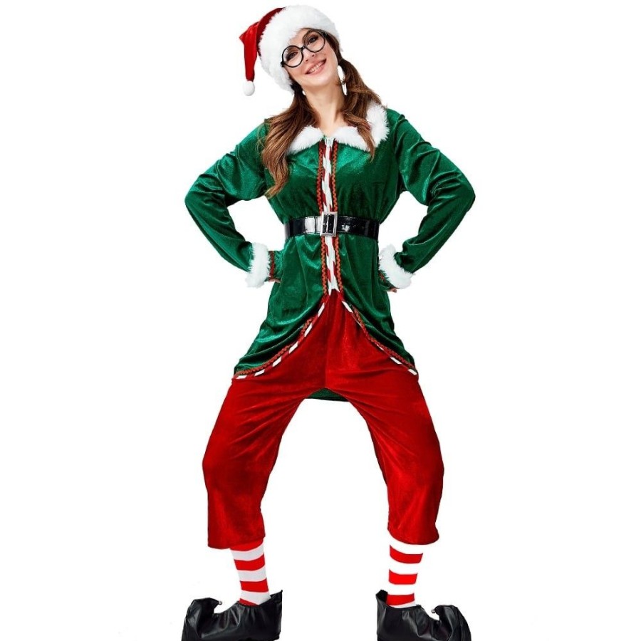 Ugly Sweater Favoshape | Women Elf Cosplay Costumes Christmas Santa'S Helper Suit Full Set Green