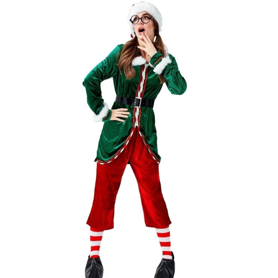 Ugly Sweater Favoshape | Women Elf Cosplay Costumes Christmas Santa'S Helper Suit Full Set Green