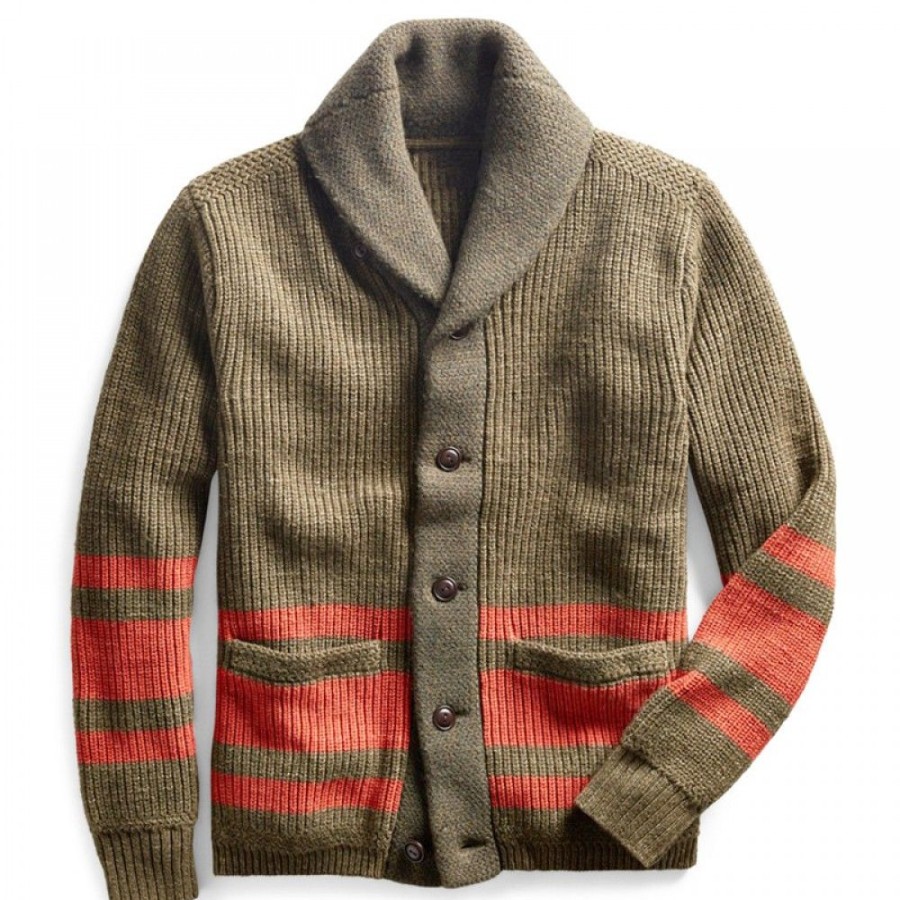 Men'S Favoshape | Men'S Vintage Lapel Knitted Striped Wool Cardigan Sweater Army Green