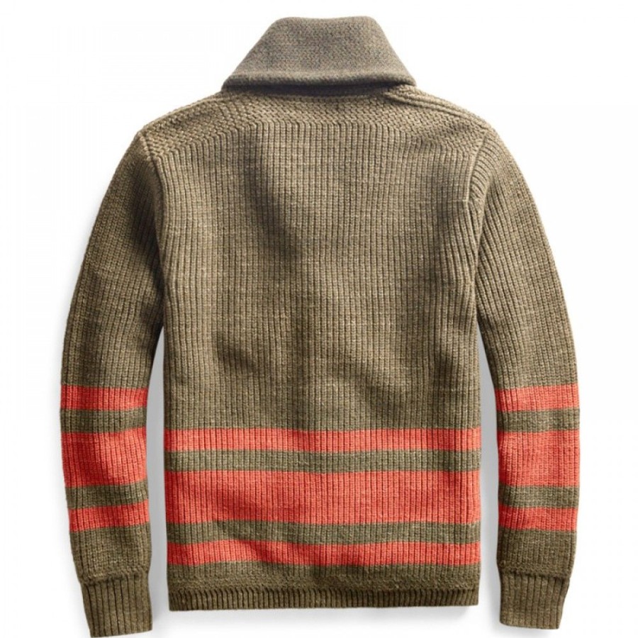 Men'S Favoshape | Men'S Vintage Lapel Knitted Striped Wool Cardigan Sweater Army Green