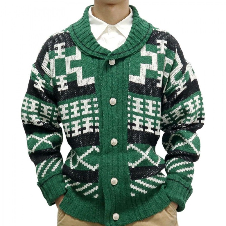 Men'S Favoshape | Men'S Geometric Jacquard Lapel Ribbed Knit Cardigan Green