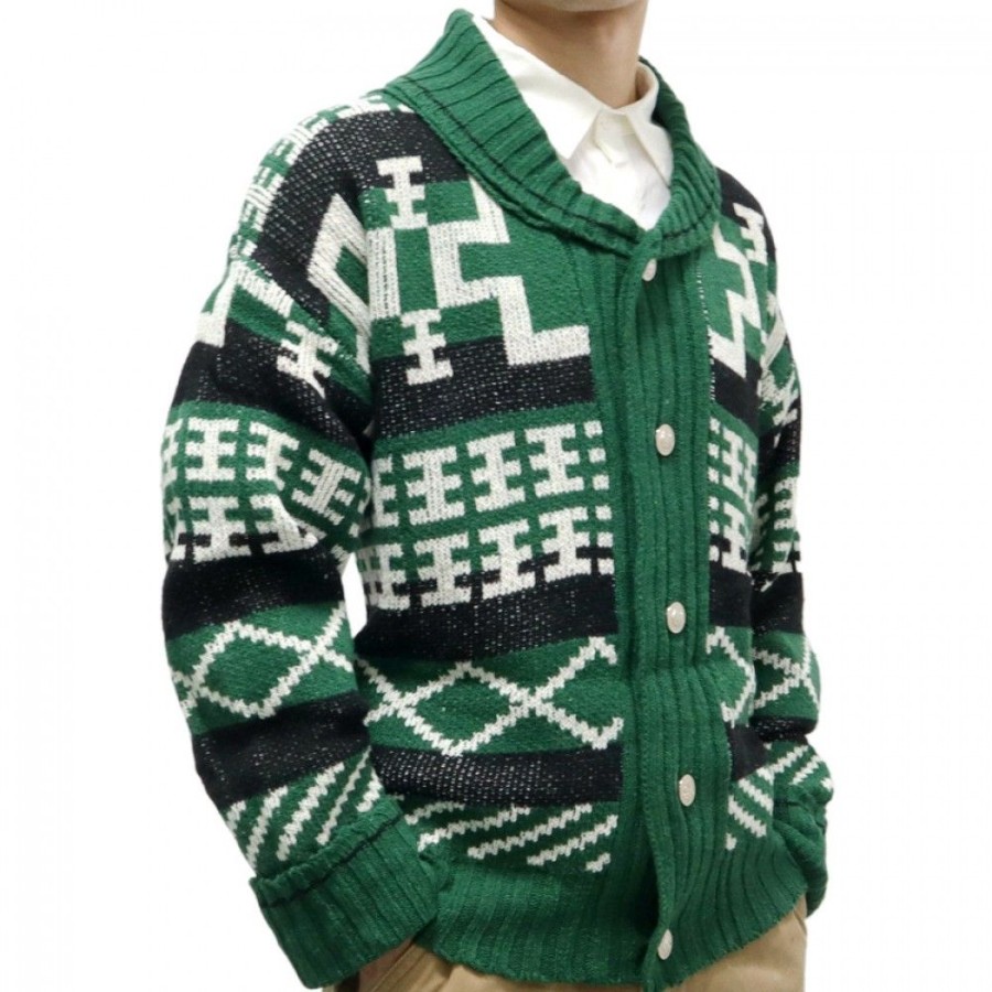 Men'S Favoshape | Men'S Geometric Jacquard Lapel Ribbed Knit Cardigan Green