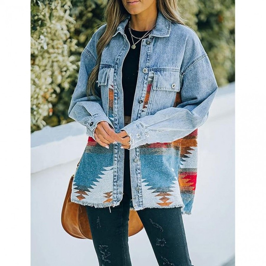 Women'S Favoshape | Women'S Distressed Boho Aztec Pattern Denim Jacket Green