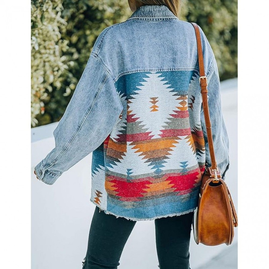 Women'S Favoshape | Women'S Distressed Boho Aztec Pattern Denim Jacket Green