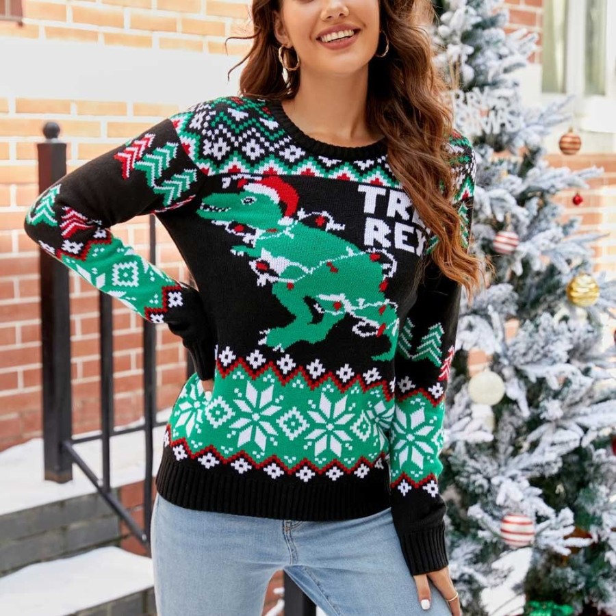 Ugly Sweater Favoshape | Women'S Ugly Geometric Dinosaur Pattern Christmas Sweater Green