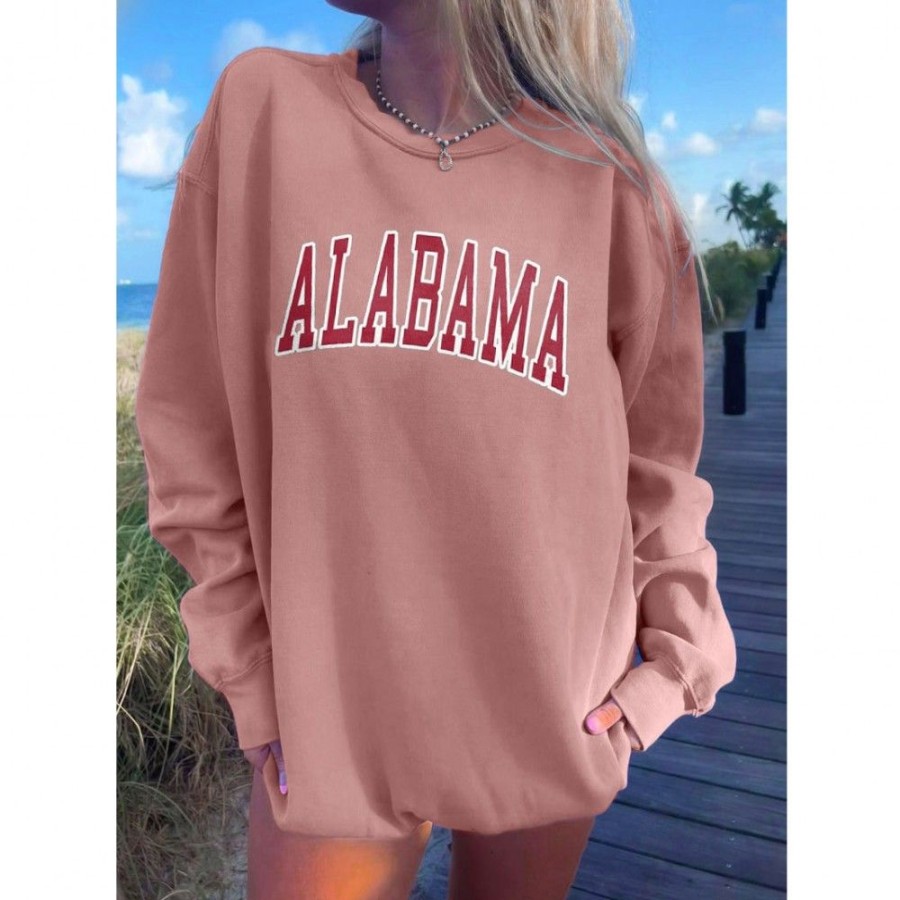 Women'S Favoshape | Women'S Alabama Printed Loose Fit Crewneck Sweatshirt Pink