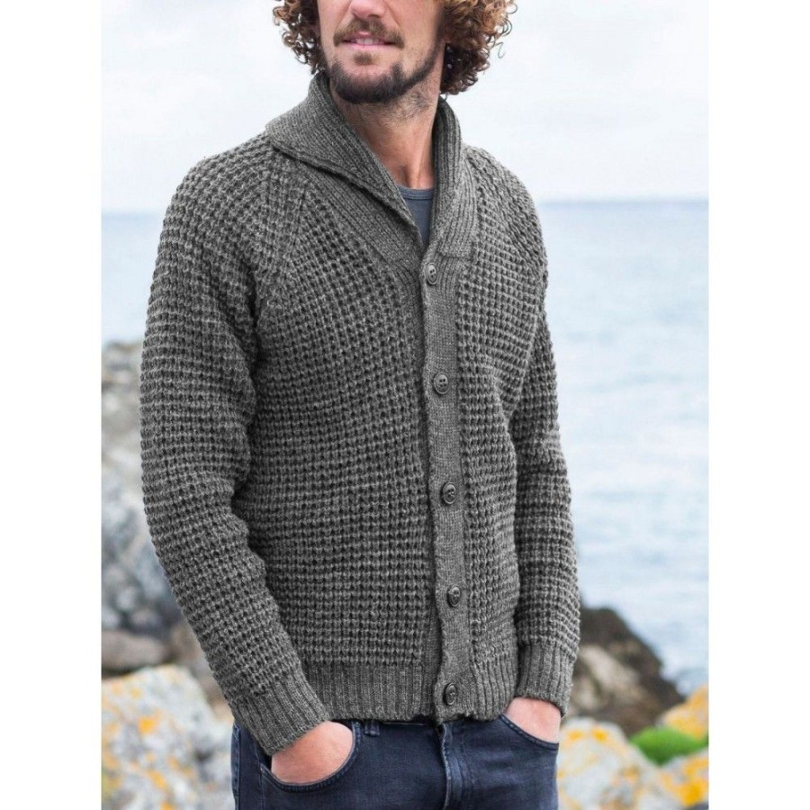 Men'S Favoshape | Men'S Vintage Lapel Collar Button Up Waffle Knit Cardigan Gray