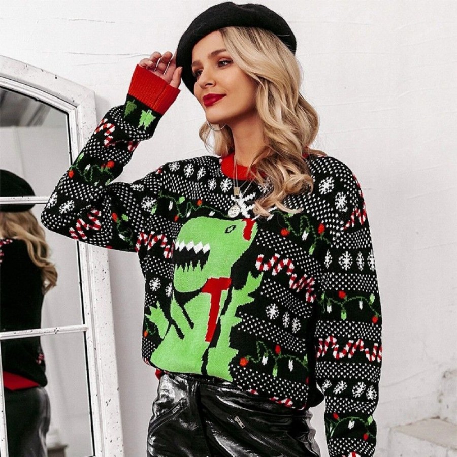 Ugly Sweater Favoshape | Women'S Funny Dinosaur Pattern Ugly Christmas Sweater Black