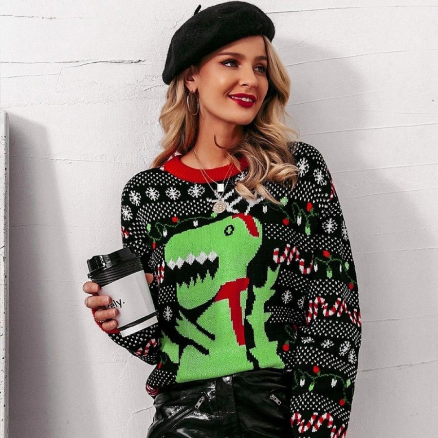 Ugly Sweater Favoshape | Women'S Funny Dinosaur Pattern Ugly Christmas Sweater Black