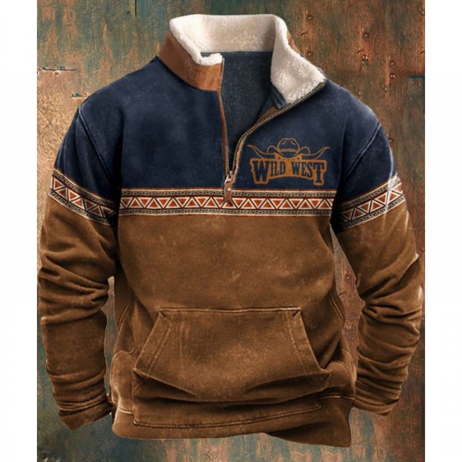 Men'S Favoshape | Men'S Wild West Cowboy Fleece Stand Collar Sweatshirt With Pocket Khaki