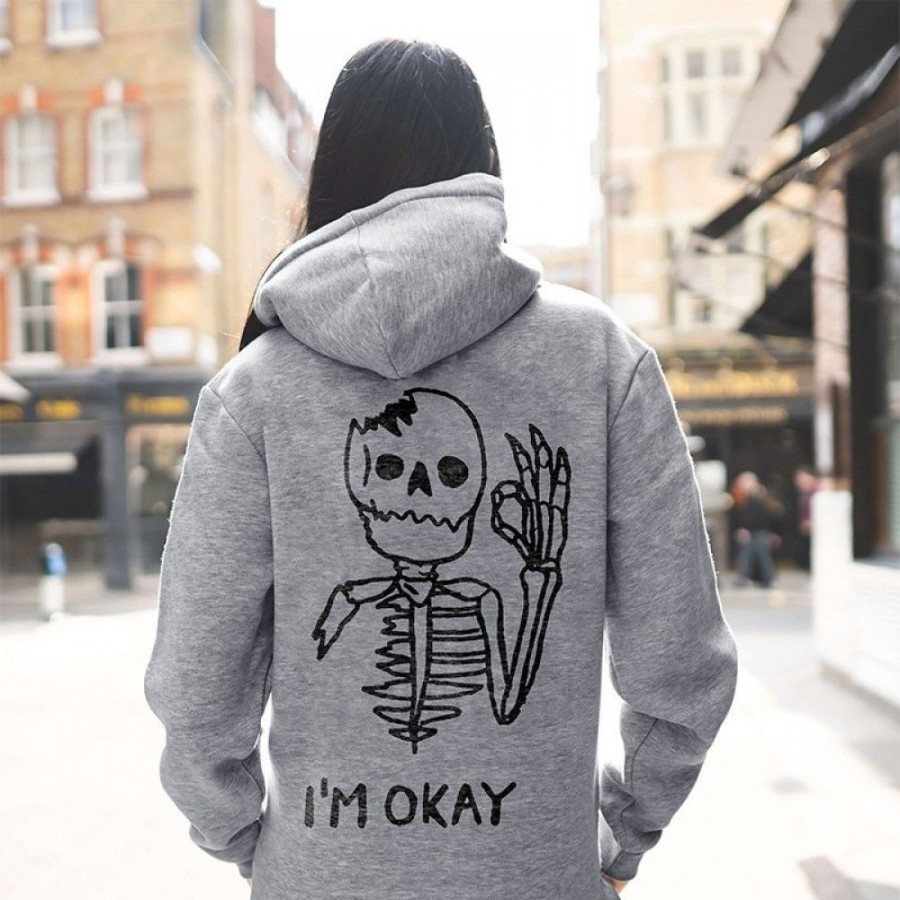 Women'S Favoshape | Funny I'M Okay Skeleton Printed Loose Fit Hoodie Grey