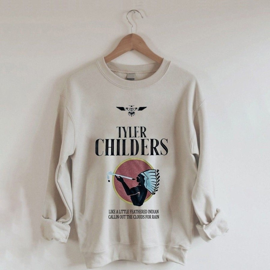 Women'S Favoshape | Women'S Tyler Childers Like A Little Feathered Indian Crewneck Sweatshirt Khaki