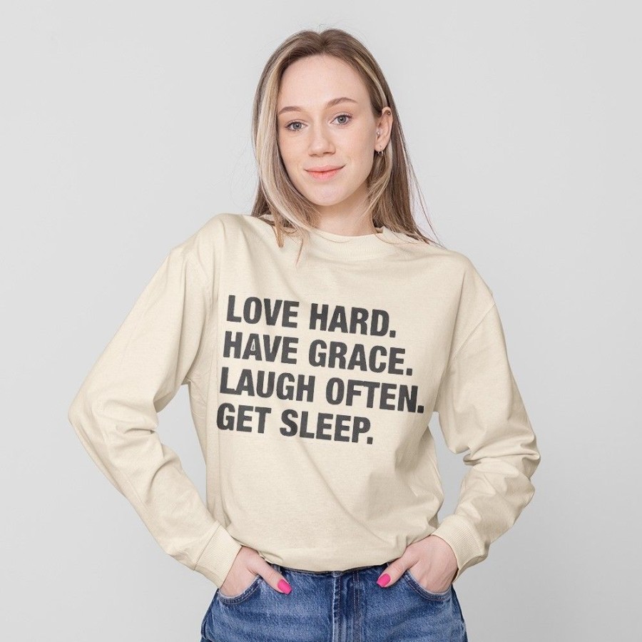 Women'S Favoshape | Love Hard Have Grace Laugh Often Get Sleep Printed Sweatshirt Khaki