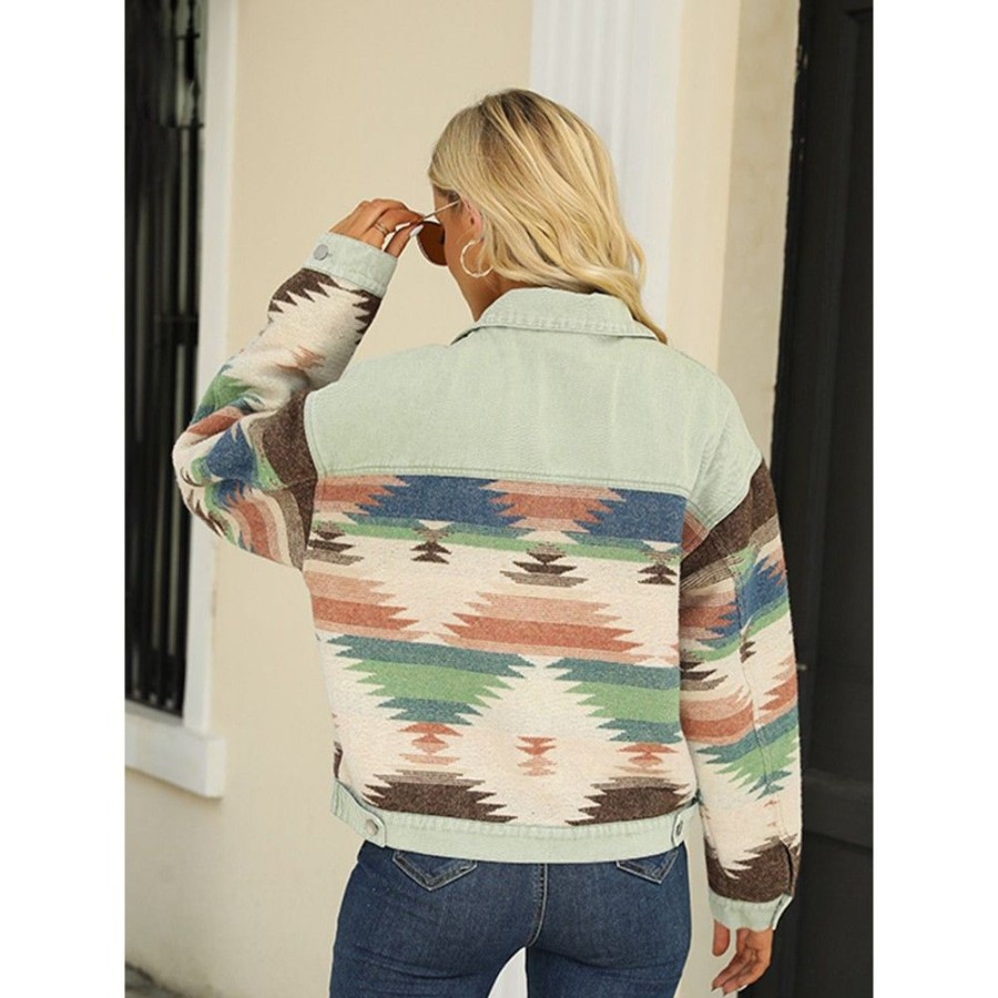 Women'S Favoshape | Women'S Boho Aztec Pattern Dropped Shoulder Button-Up Denim Jacket