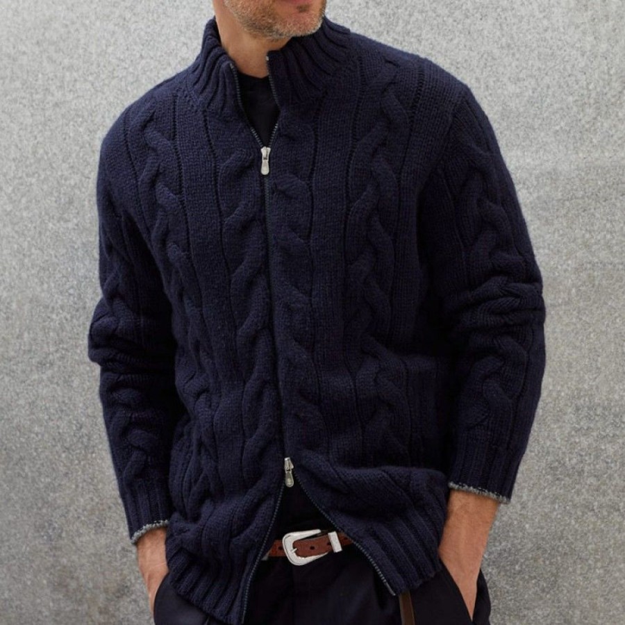 Men'S Favoshape | Men'S Retro Cashmere Cable Knitted Zip-Up Cardigan Sweater Navy