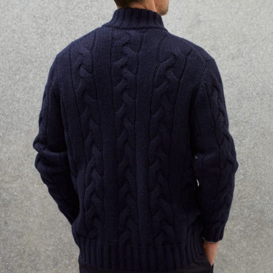 Men'S Favoshape | Men'S Retro Cashmere Cable Knitted Zip-Up Cardigan Sweater Navy