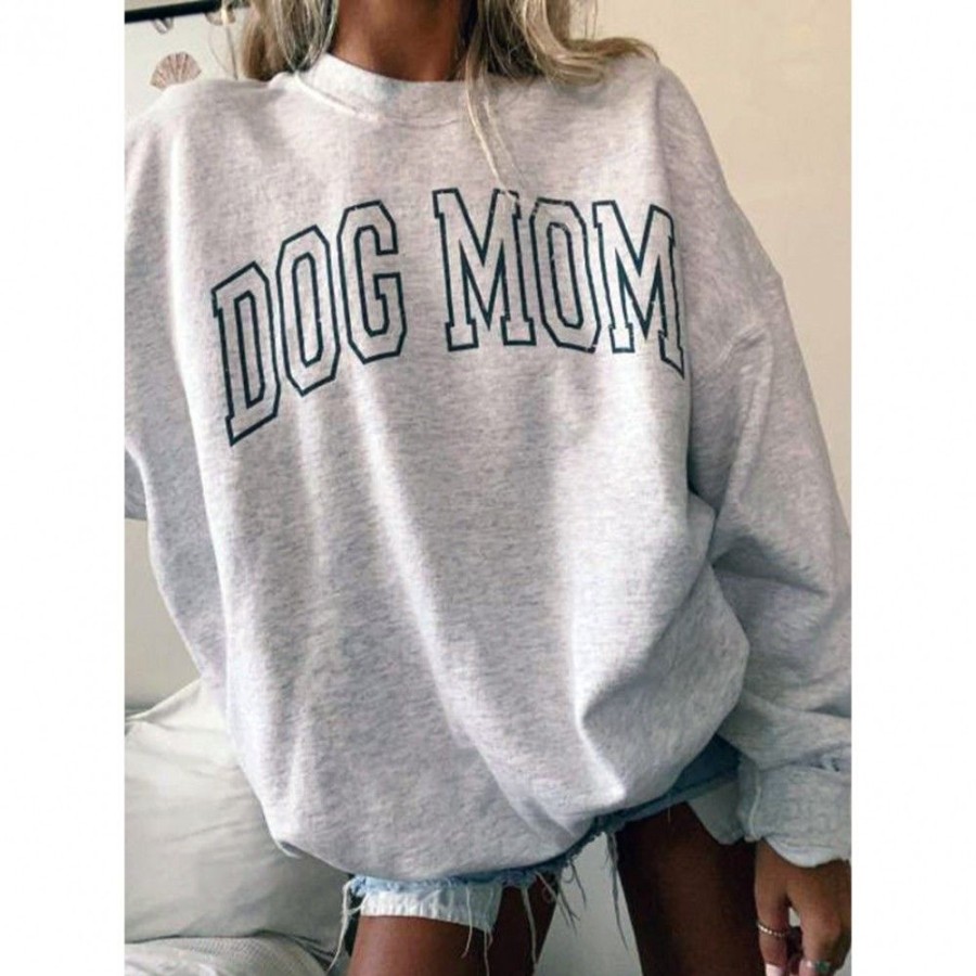 Women'S Favoshape | Women'S Dog Mom Printed Crewneck Sweatshirt Grey