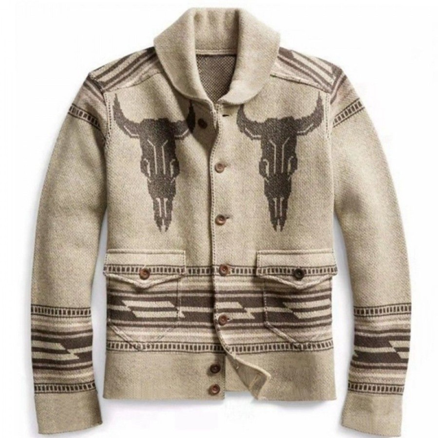 Men'S Favoshape | Men'S Western Cowboy Button-Up Knitwear Vintage Country Shawl Cardigan Khaki