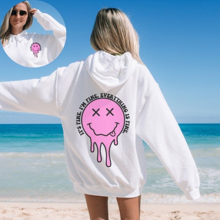 Women'S Favoshape | Women'S It'S Fine I'M Fine Everything Is Fine Drippy Smile Hoodies White