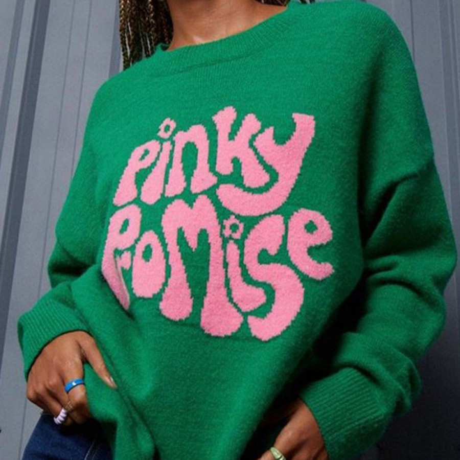 Women'S Favoshape | Women'S Casual Pinky Promise Knit Crewneck Sweater Green