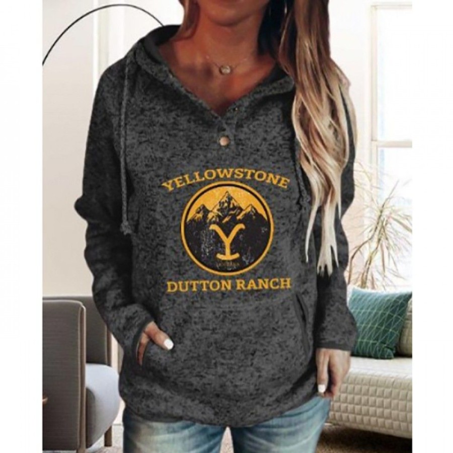 Women'S Favoshape | Women'S Yellowstone Dutton Ranch Printed Drawstring Hoodie Black