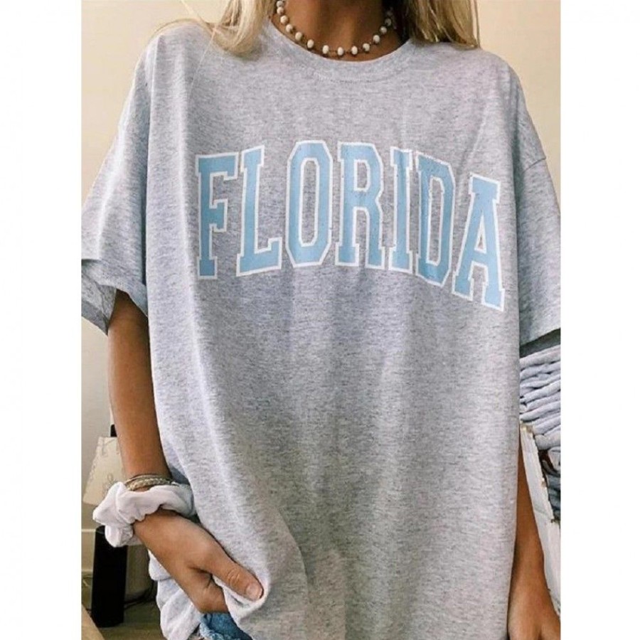 Women'S Favoshape | Women'S Florida Printed Relaxed Fit T-Shirt Gray